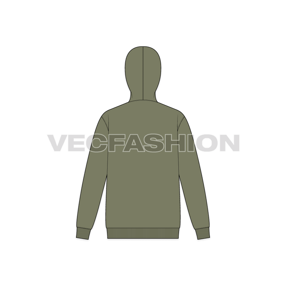 Mens loose fit pullover hoodie flat sketch, back view
