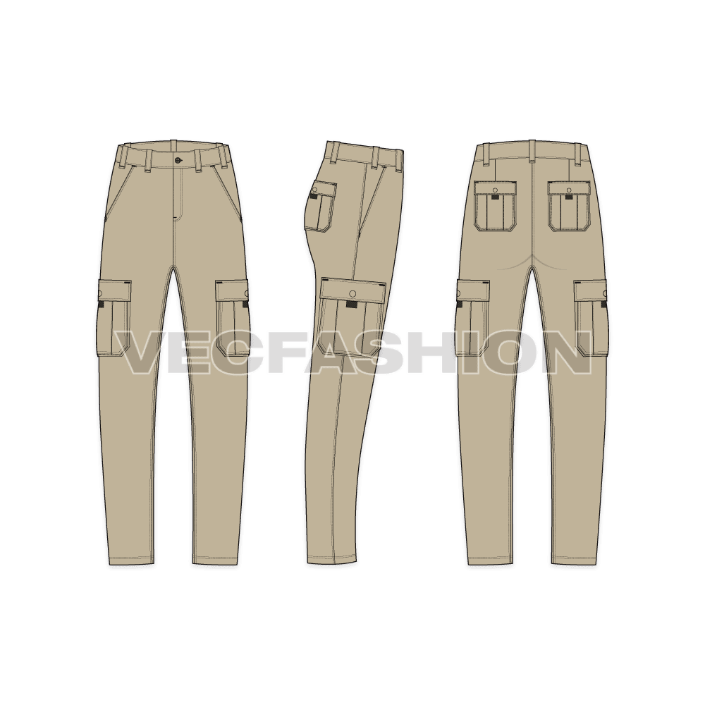 Mens loose fit pullover hoodie flat sketch, khaki cargo pants bottom