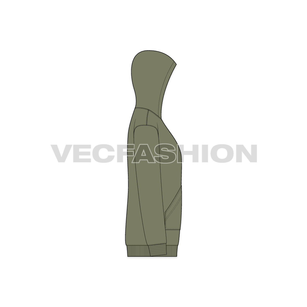 Mens loose fit pullover hoodie flat sketch, side view