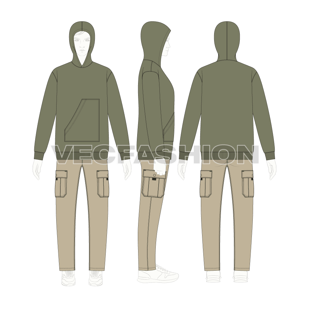 Mens loose fit pullover hoodie flat sketch, croqui sketch
