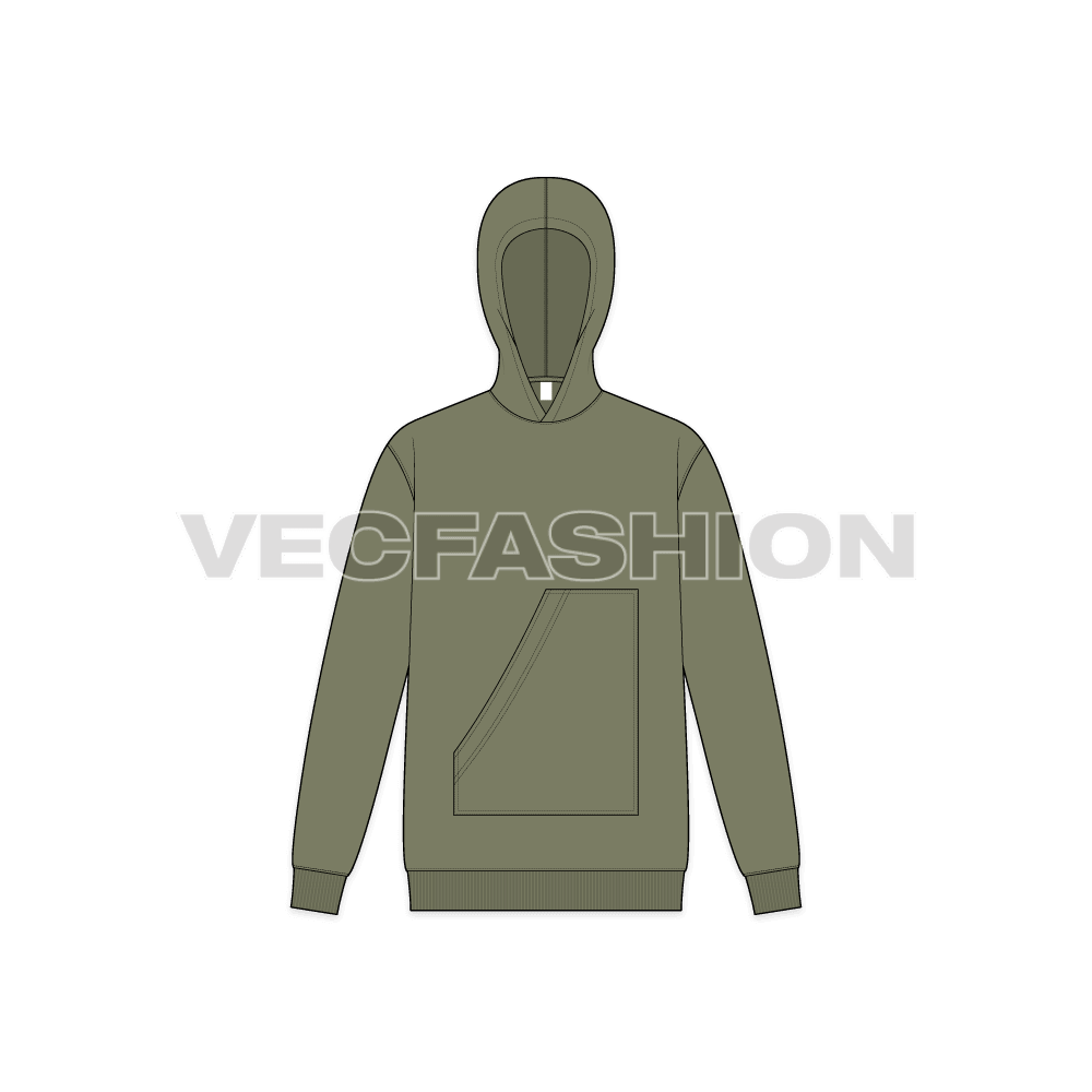 Mens loose fit pullover hoodie flat sketch, front view