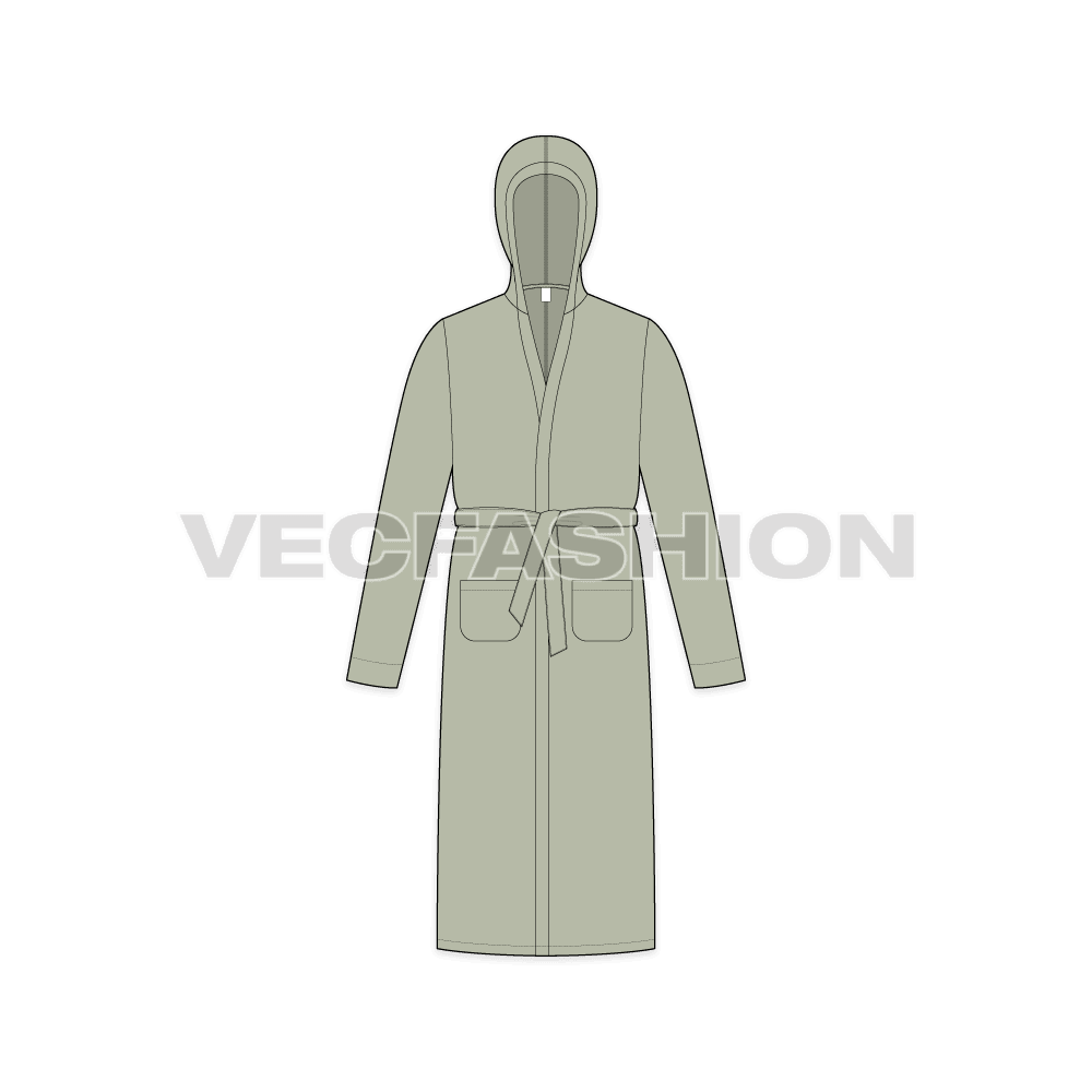 Mens luxury bath robe flat sketch, front view