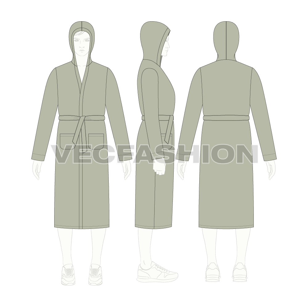 Mens luxury bath robe flat sketch, croqui sketch