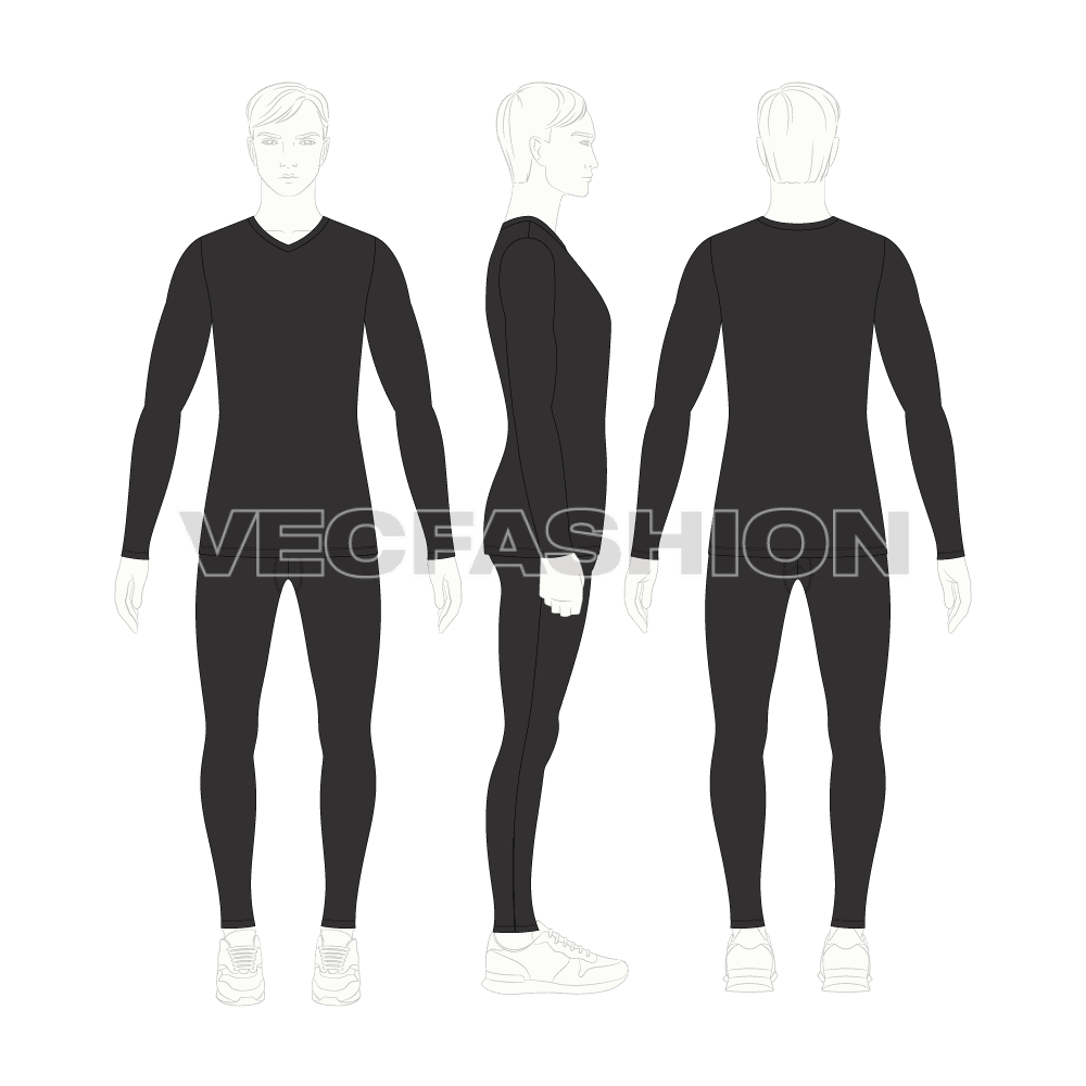 Mens lycra compression set flat sketch, showing all views, front, side and back