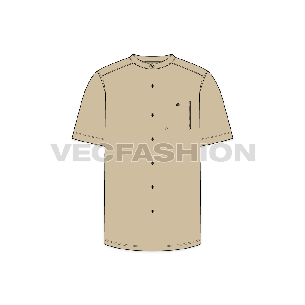 Mens mandarin collar shirt flat sketch, front view