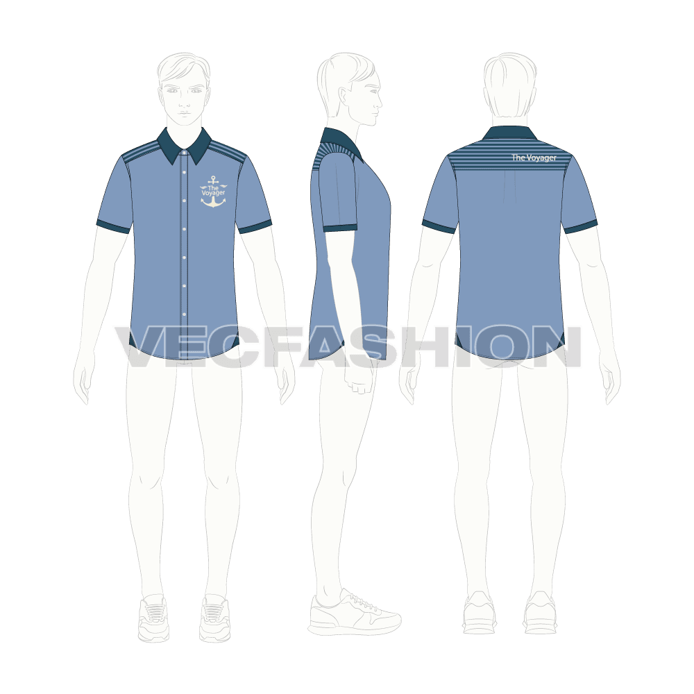 Mens marine shirt flat sketch, croqui sketch