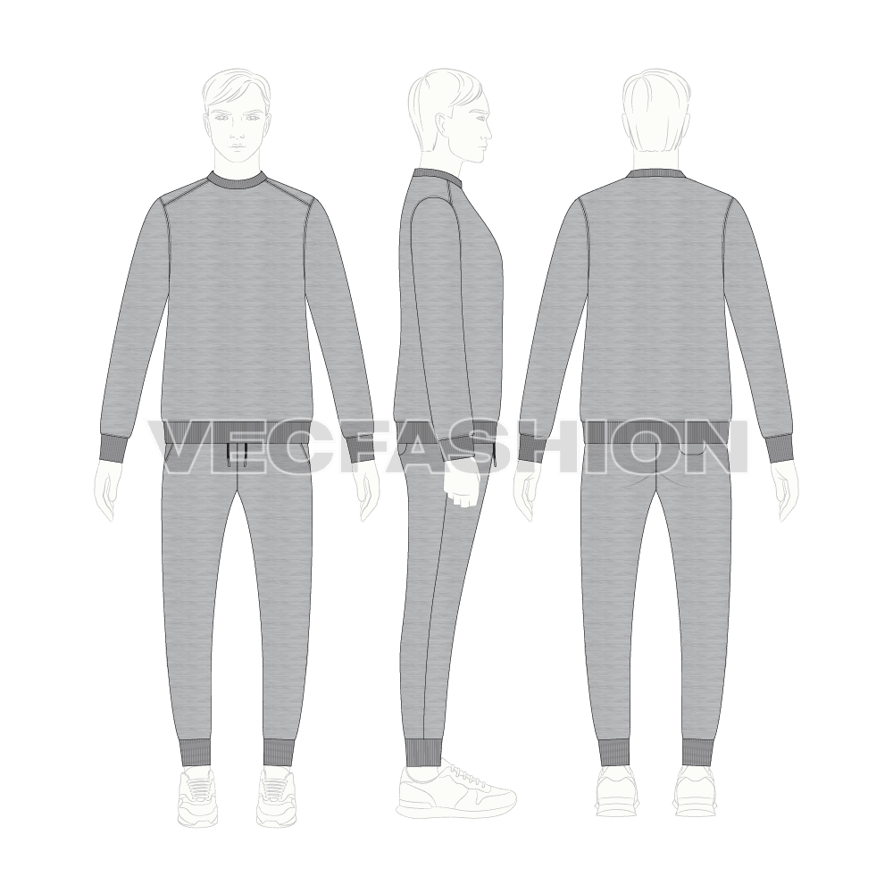 Mens melange fleece sweatsuit flat sketch, on croqui
