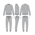 Mens melange fleece sweatsuit flat sketch, showing all views, front, side and back