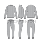 Mens melange fleece sweatsuit flat sketch, showing all views, front, side and back