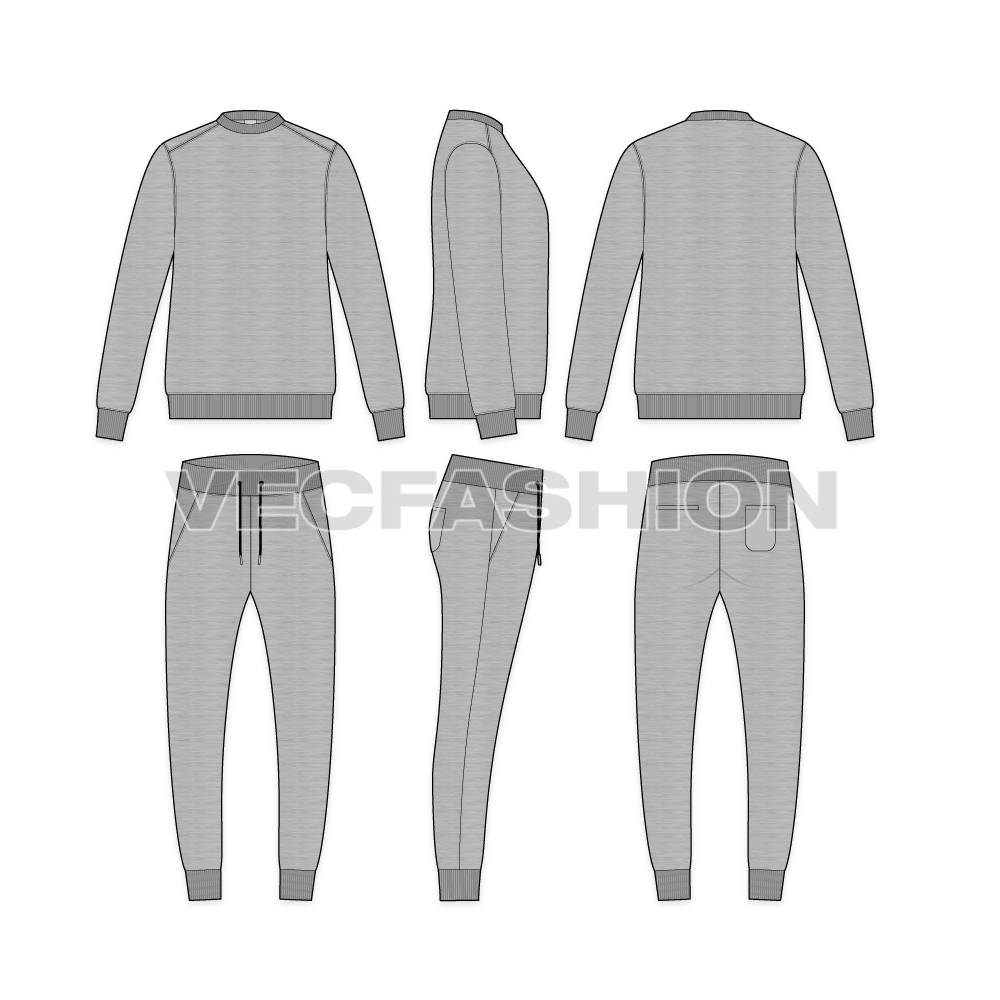 Mens melange fleece sweatsuit flat sketch, showing all views, front, side and back