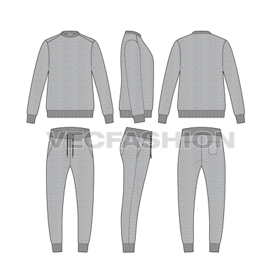Mens melange fleece sweatsuit flat sketch, showing all views, front, side and back