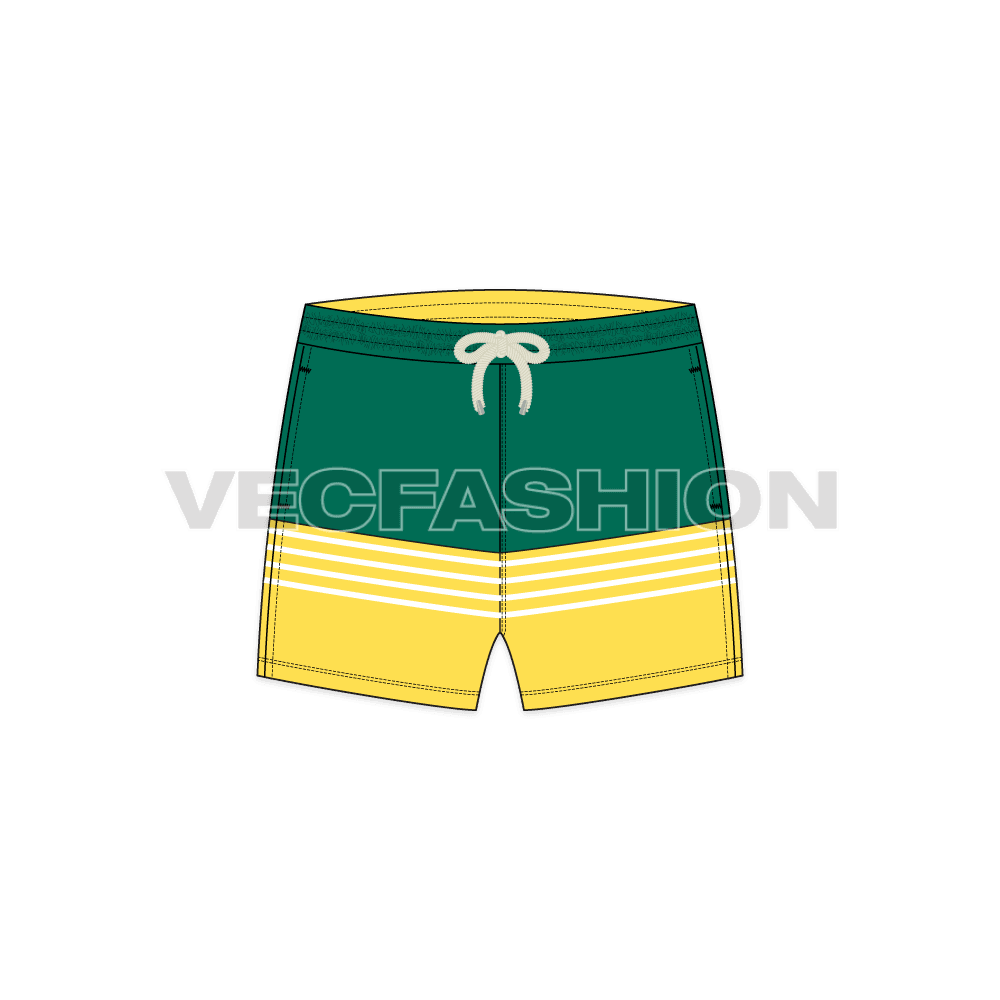 Mens mid thigh swim shorts flat sketch, front view