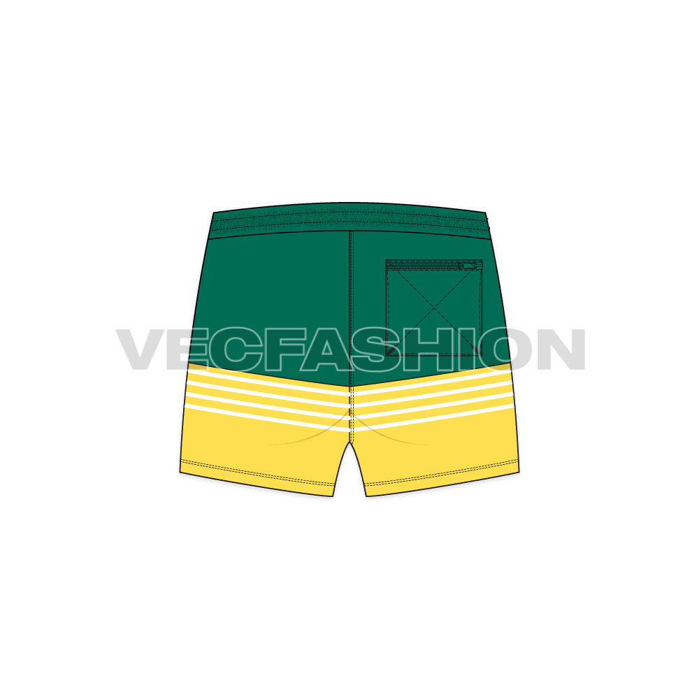 Mens mid thigh swim shorts flat sketch, back view
