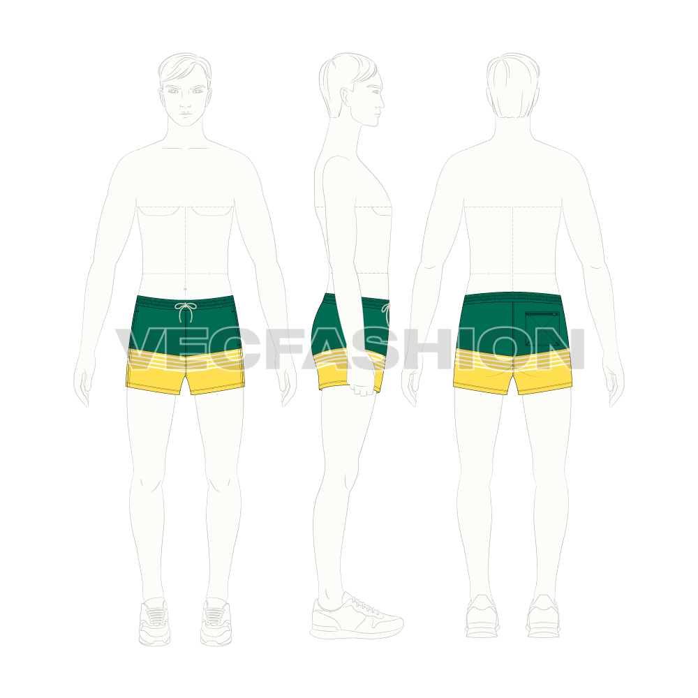 Mens mid thigh swim shorts flat sketch, croqui sketch