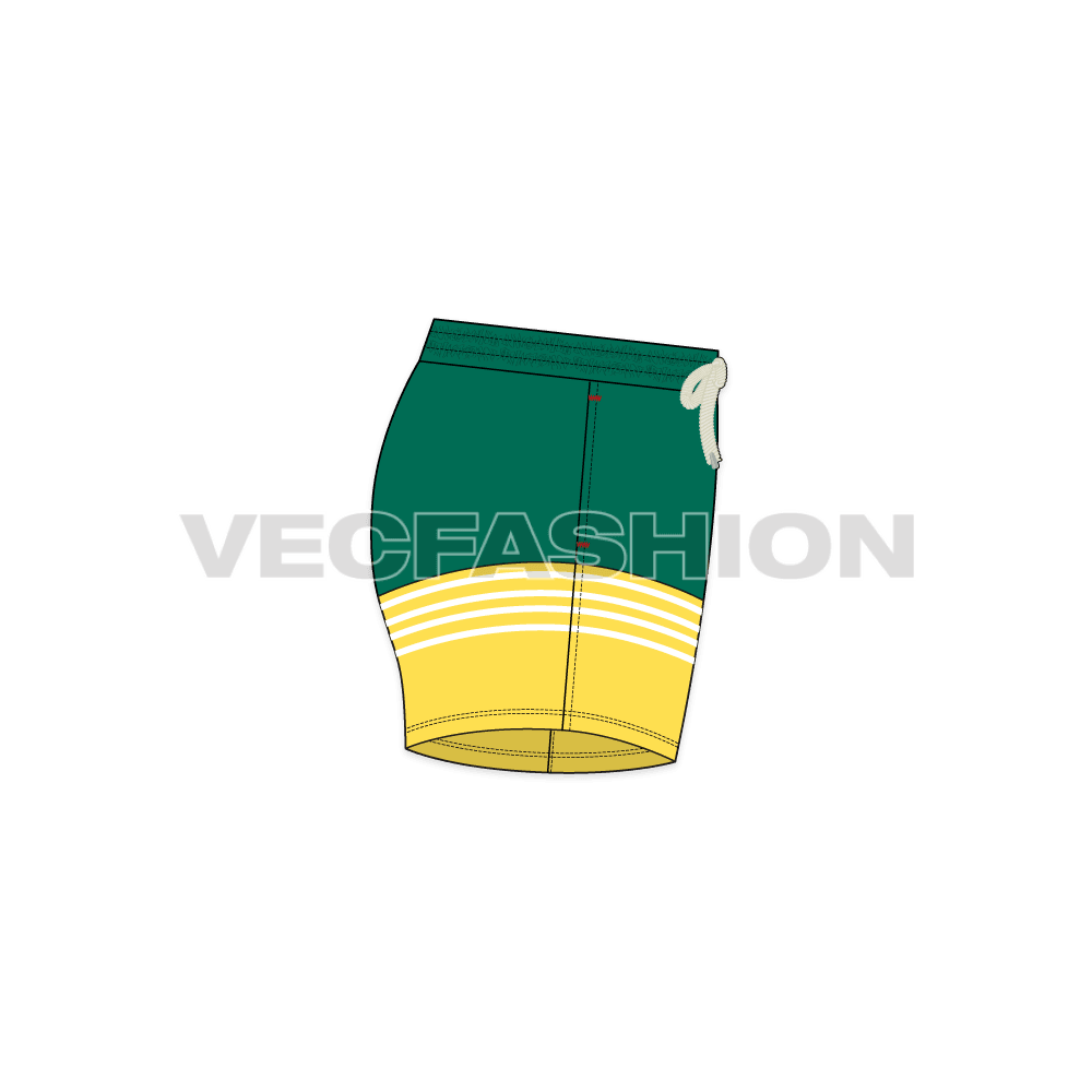 Mens mid thigh swim shorts flat sketch, side view