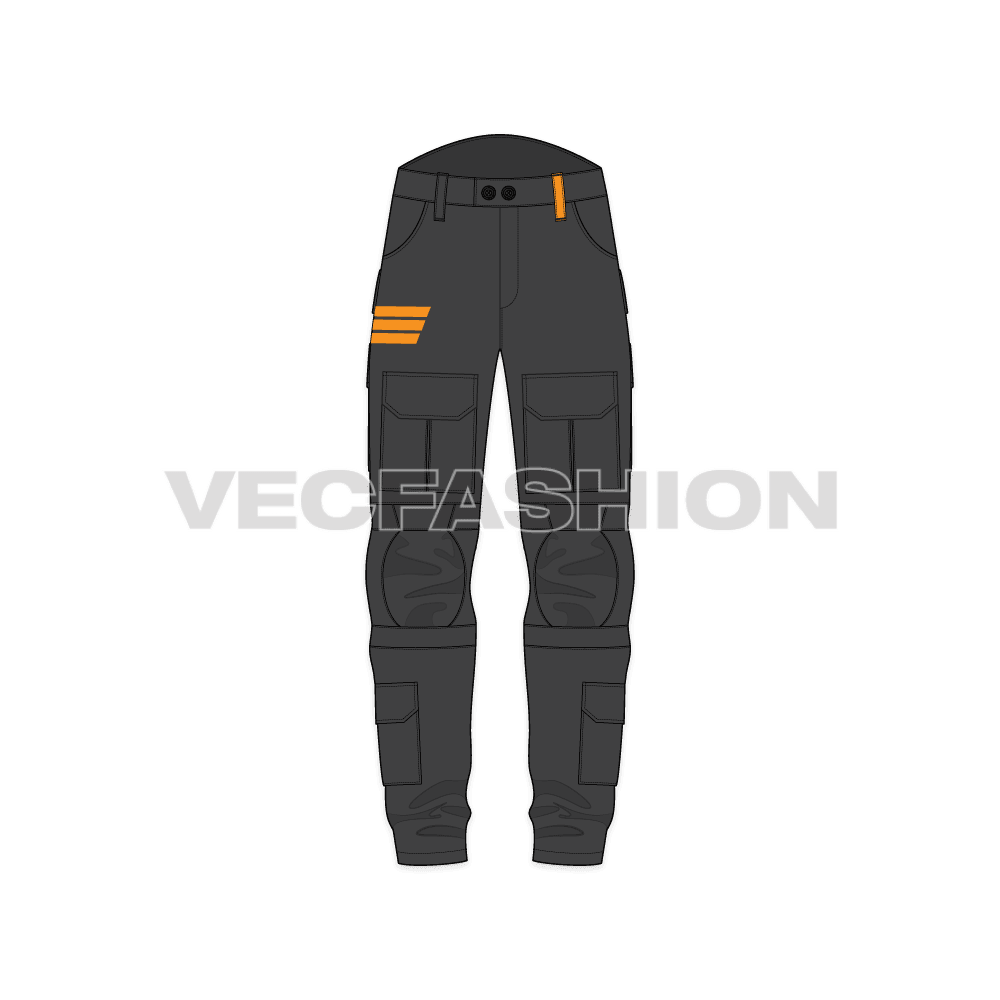 Mens military cargo pants flat sketch, front view