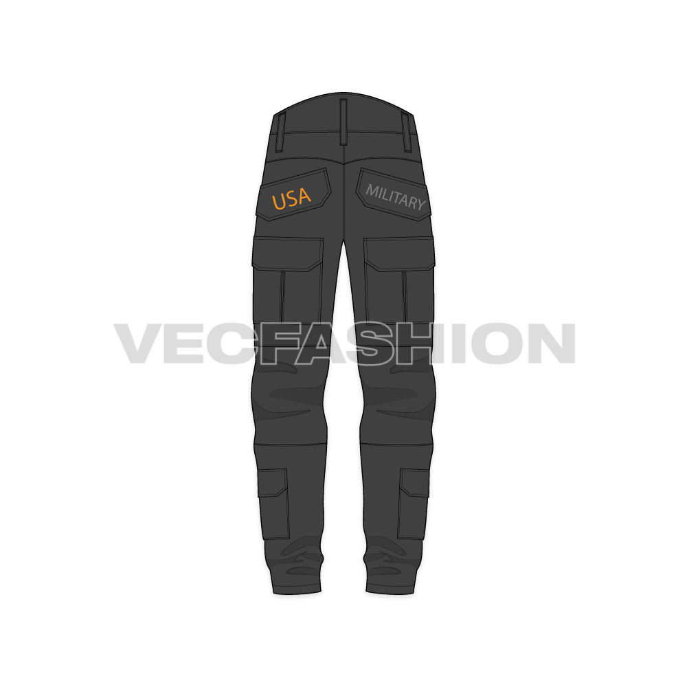Mens military cargo pants flat sketch, back view