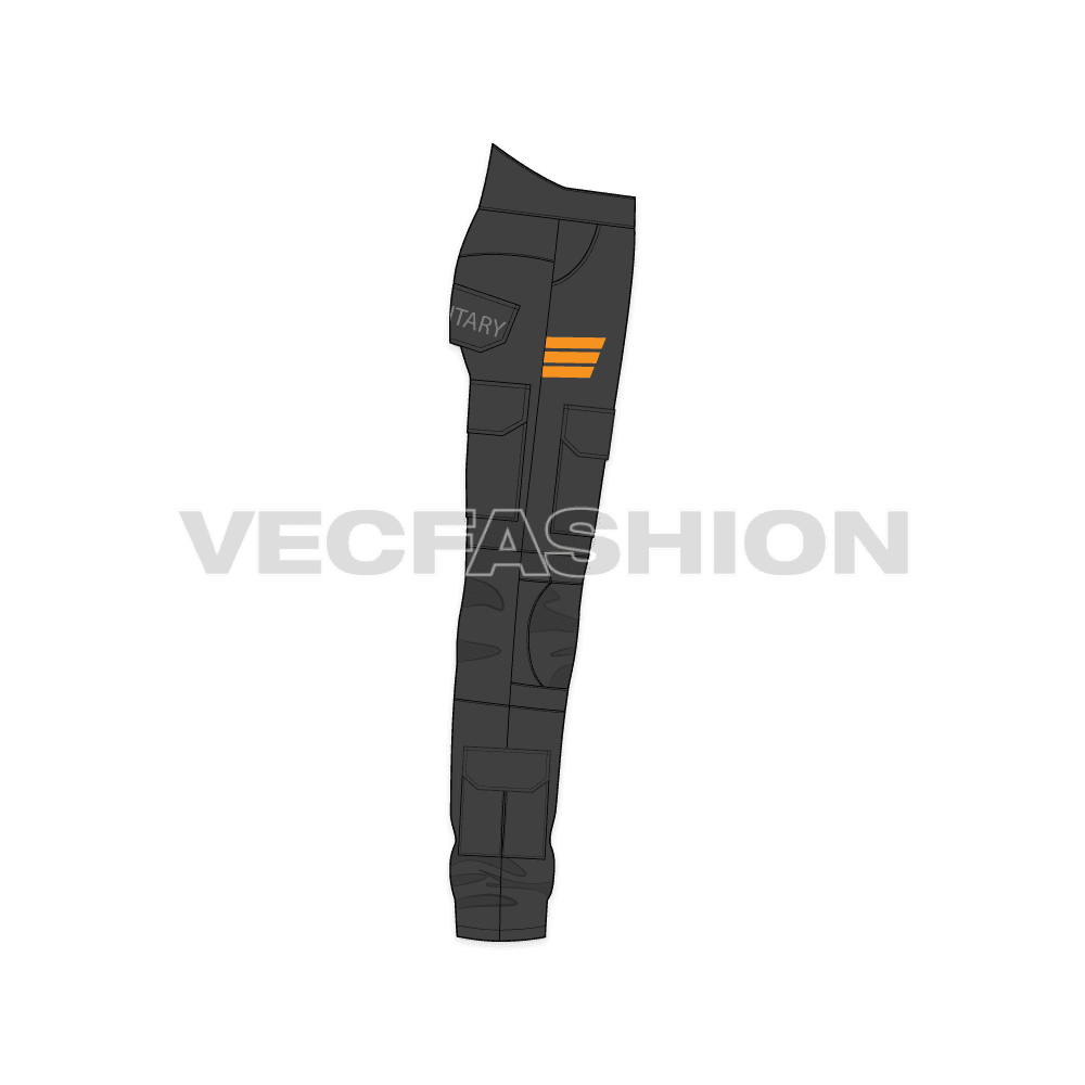 Mens military cargo pants flat sketch, side view