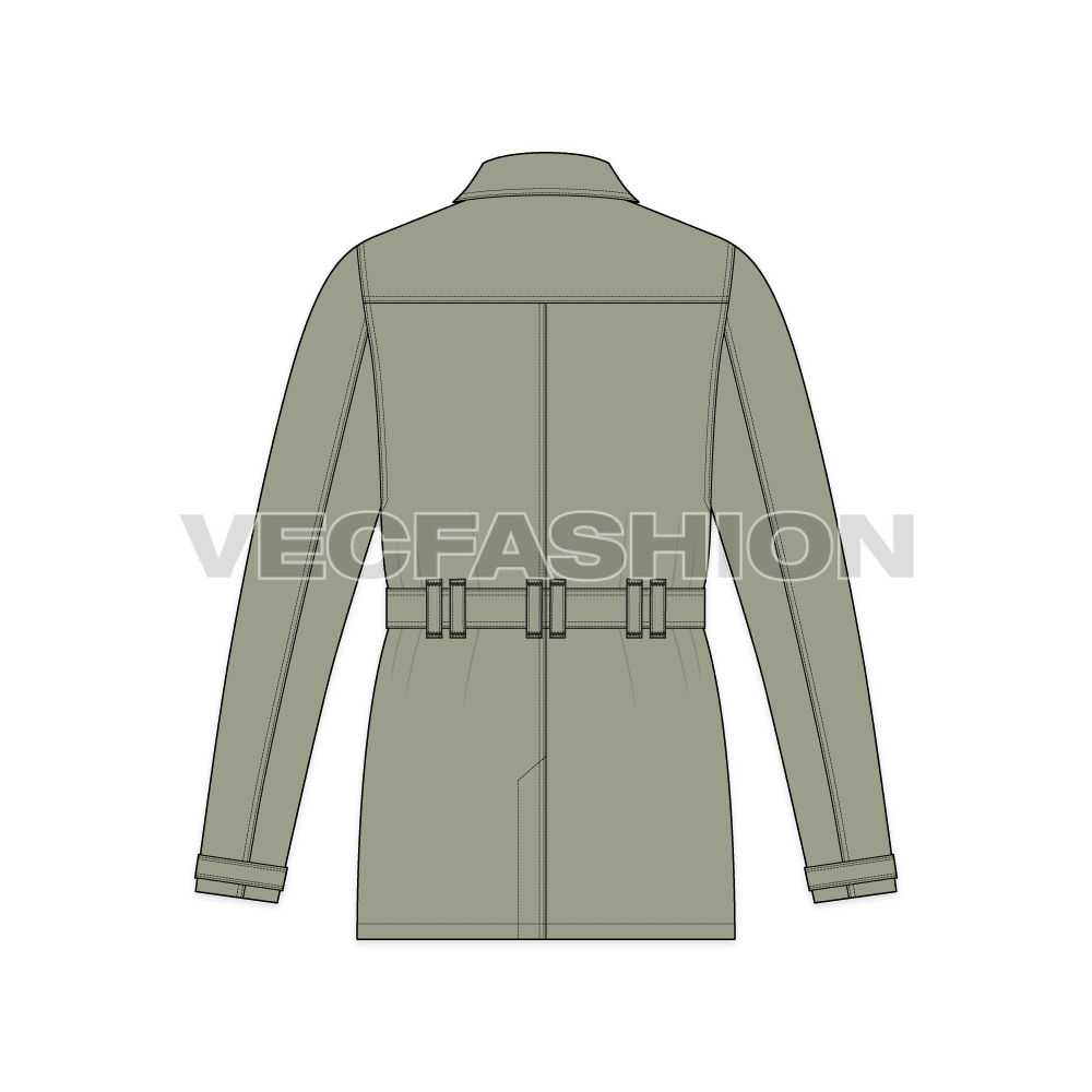 Mens Military Green Field Jacket Template flat sketch, back view