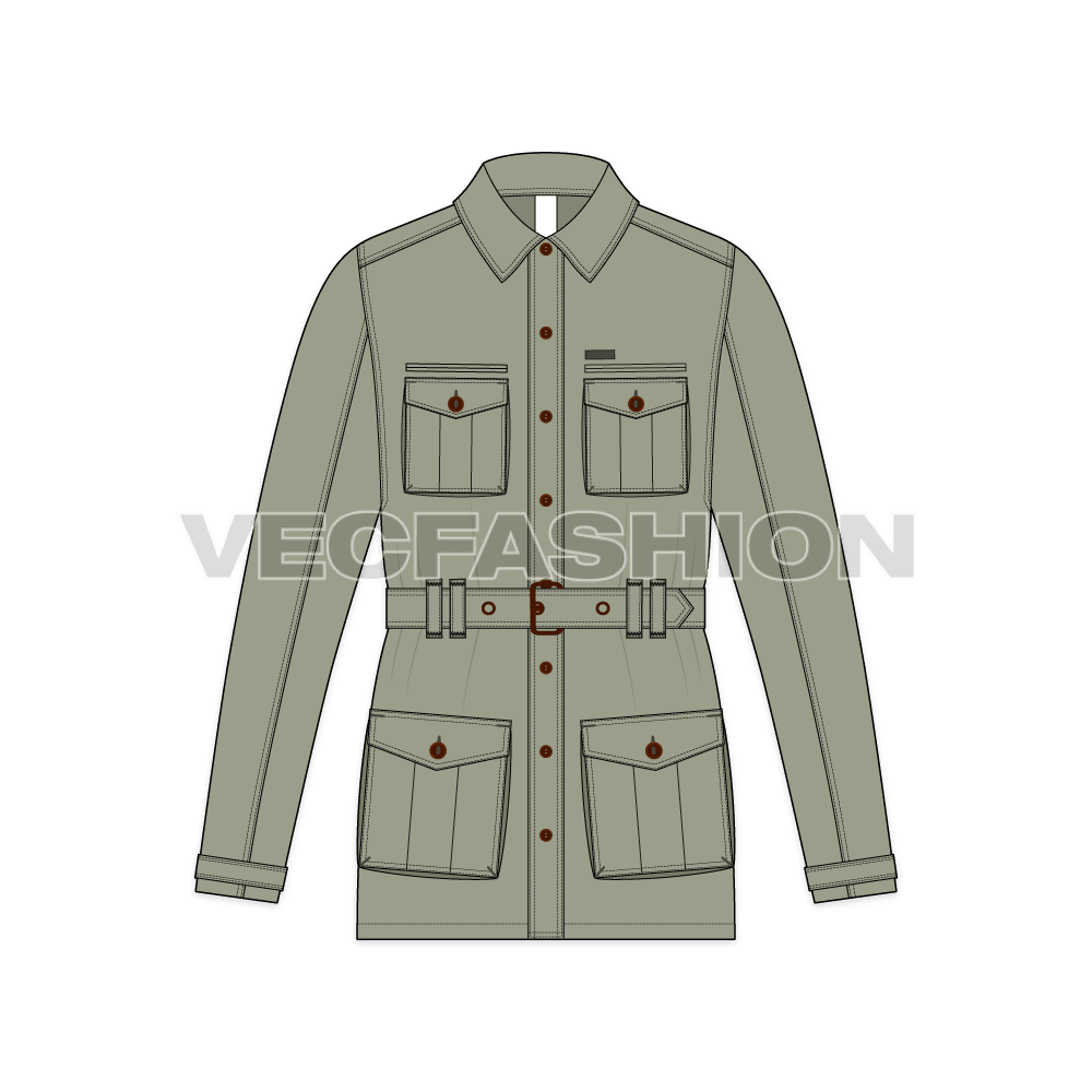 Mens Military Green Field Jacket Template flat sketch, front view