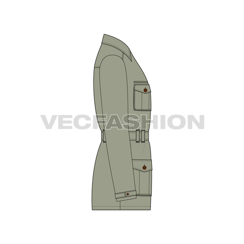 Mens Military Green Field Jacket Template flat sketch, side view