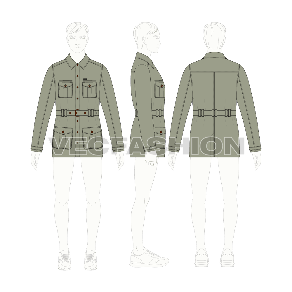 Mens Military Green Field Jacket Template flat sketch, croqui sketch