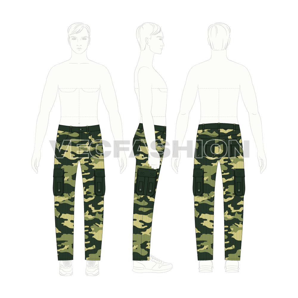 Mens military inspired combat cargo pants flat sketch, croqui sketch