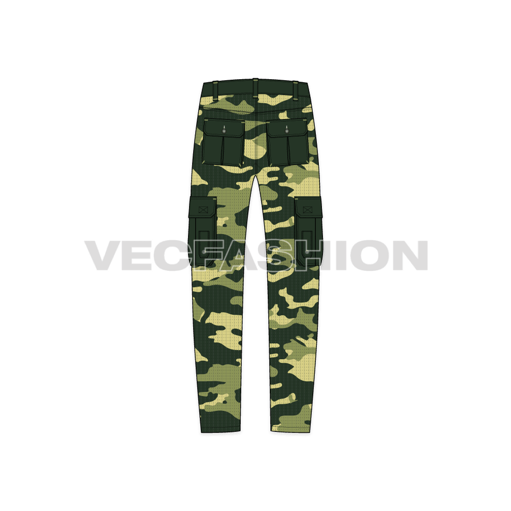 Mens military inspired combat cargo pants flat sketch, back view