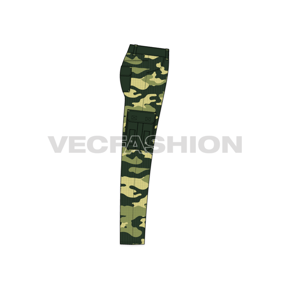 Mens military inspired combat cargo pants flat sketch, side view