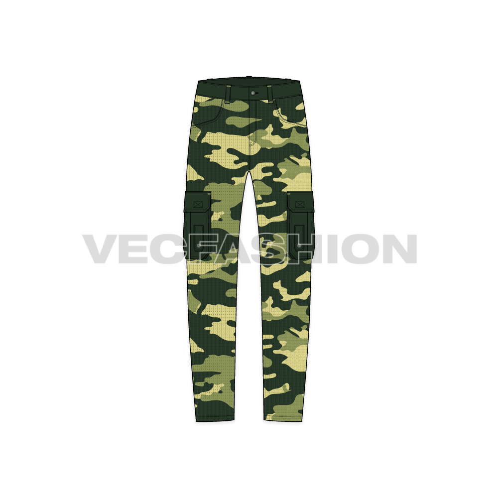 Mens military inspired combat cargo pants flat sketch, front view