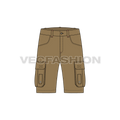 Mens military inspired khaki cargo shorts flat sketch, front view