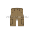 Mens military inspired khaki cargo shorts flat sketch, front view