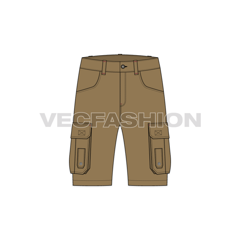 Mens military inspired khaki cargo shorts flat sketch, front view