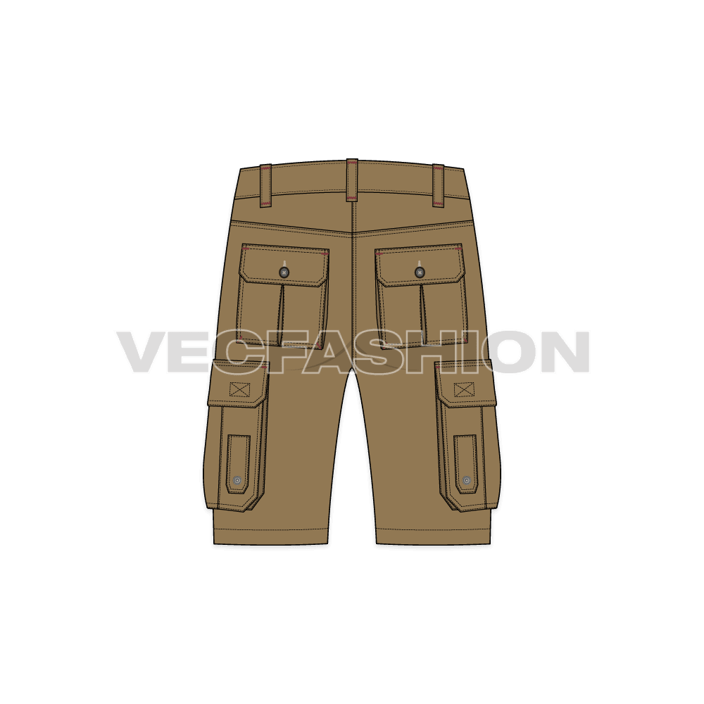 Mens military inspired khaki cargo shorts flat sketch, back view