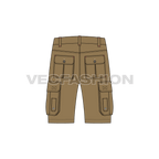 Mens military inspired khaki cargo shorts flat sketch, back view