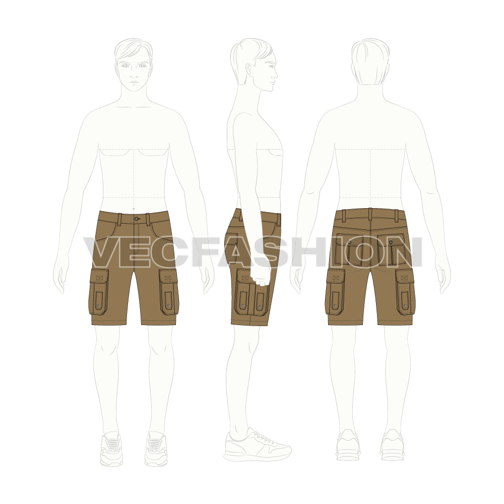 Mens military inspired khaki cargo shorts flat sketch, croqui sketch
