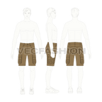 Mens military inspired khaki cargo shorts flat sketch, croqui sketch