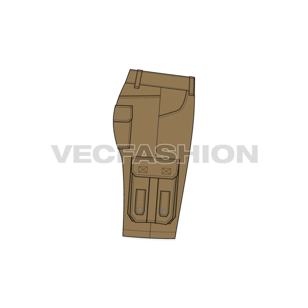 Mens military inspired khaki cargo shorts flat sketch, side view