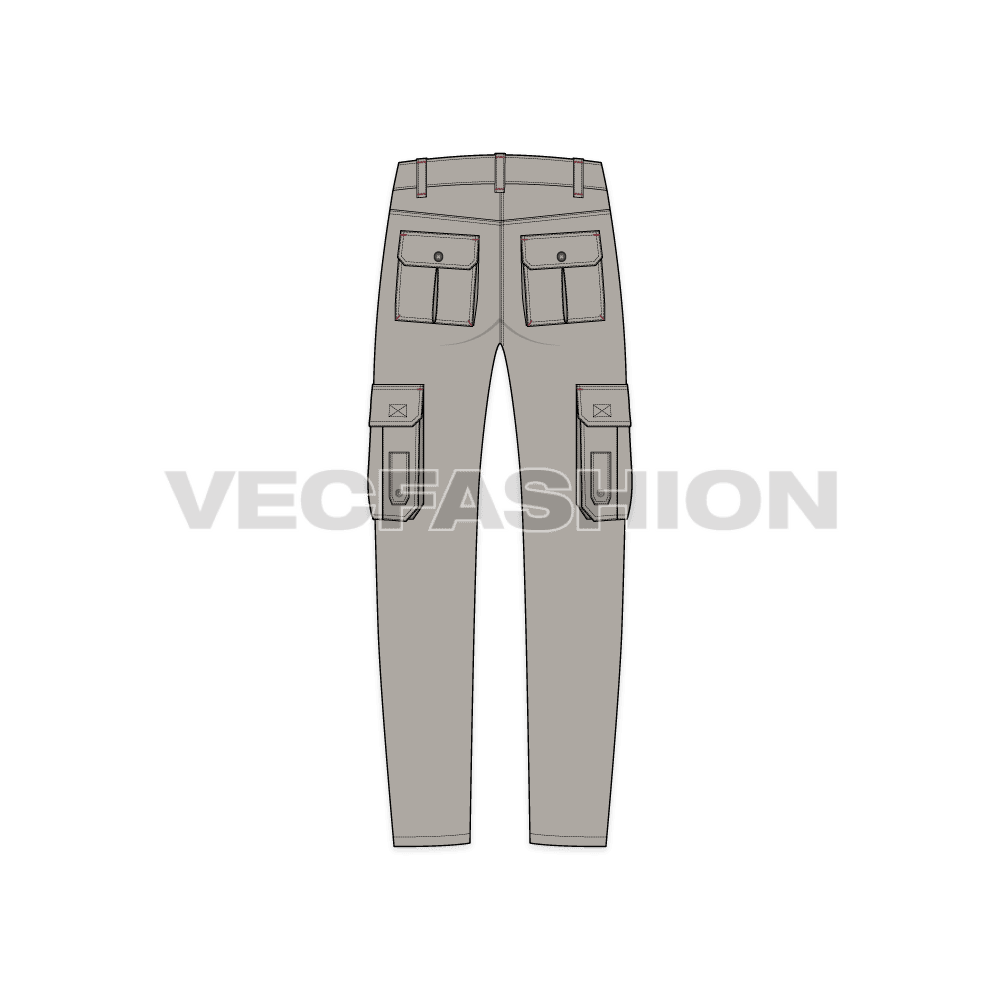 Mens military inspired cargo pants flat sketch, back view