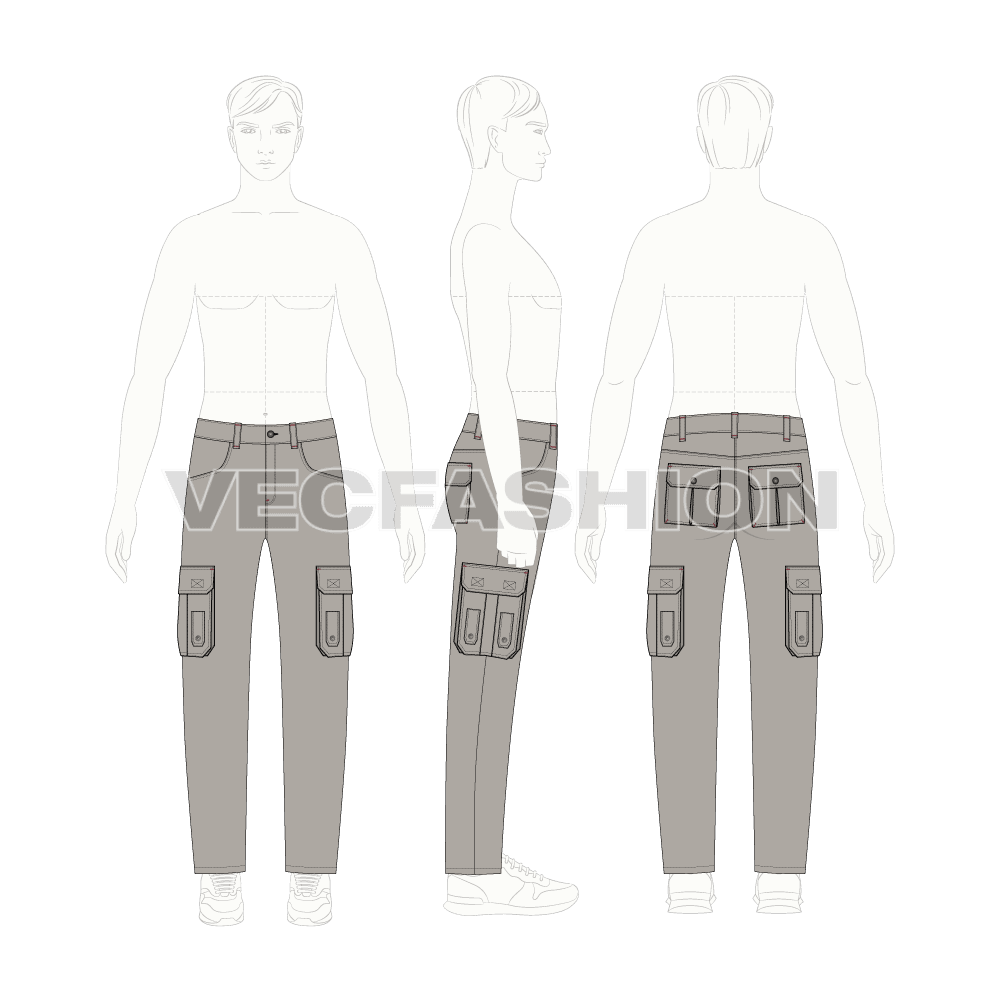 Mens military inspired cargo pants flat sketch, croqui sketch