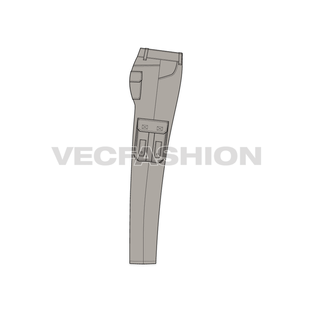 Mens military inspired cargo pants flat sketch, side view