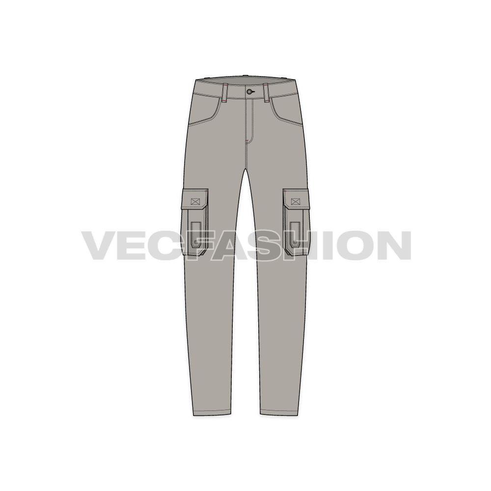 Mens military inspired cargo pants flat sketch, front view