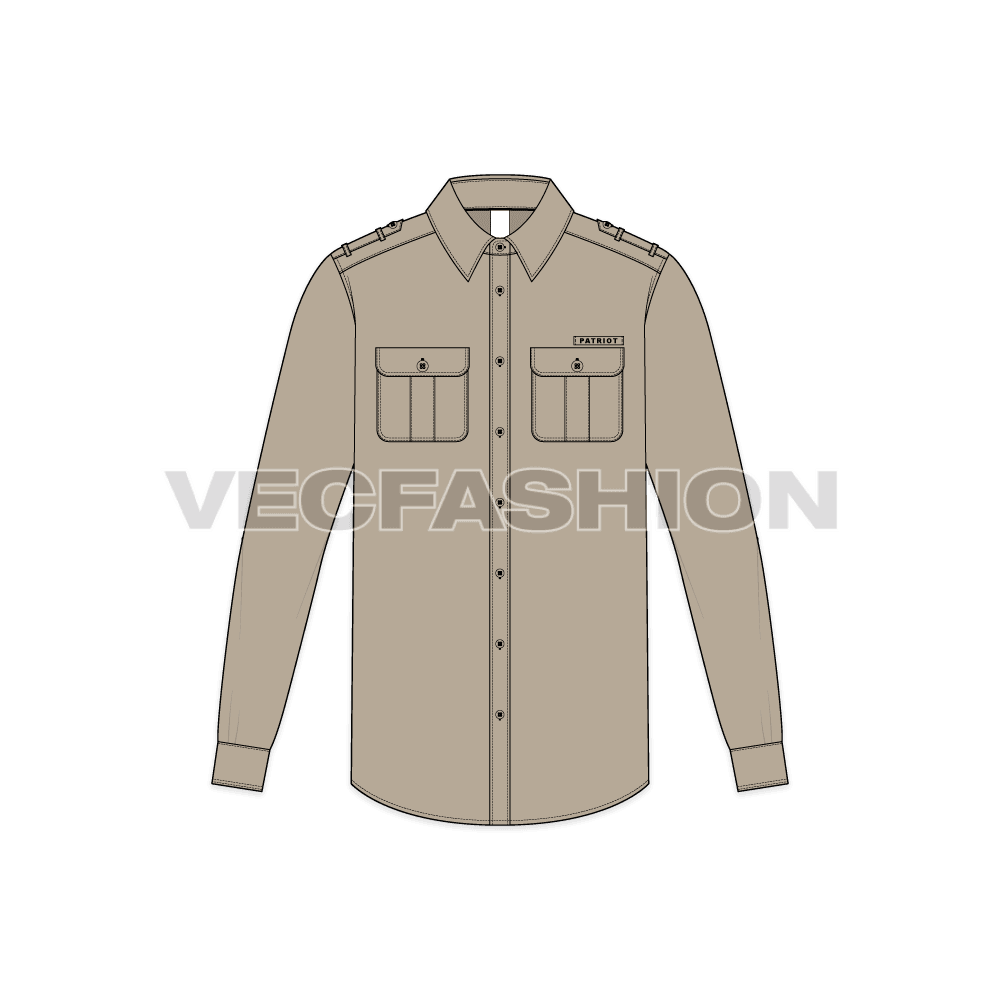 Mens military shirt flat sketch, front view