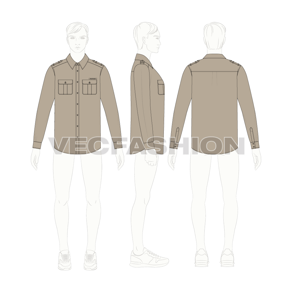 Mens military shirt flat sketch, croqui sketch