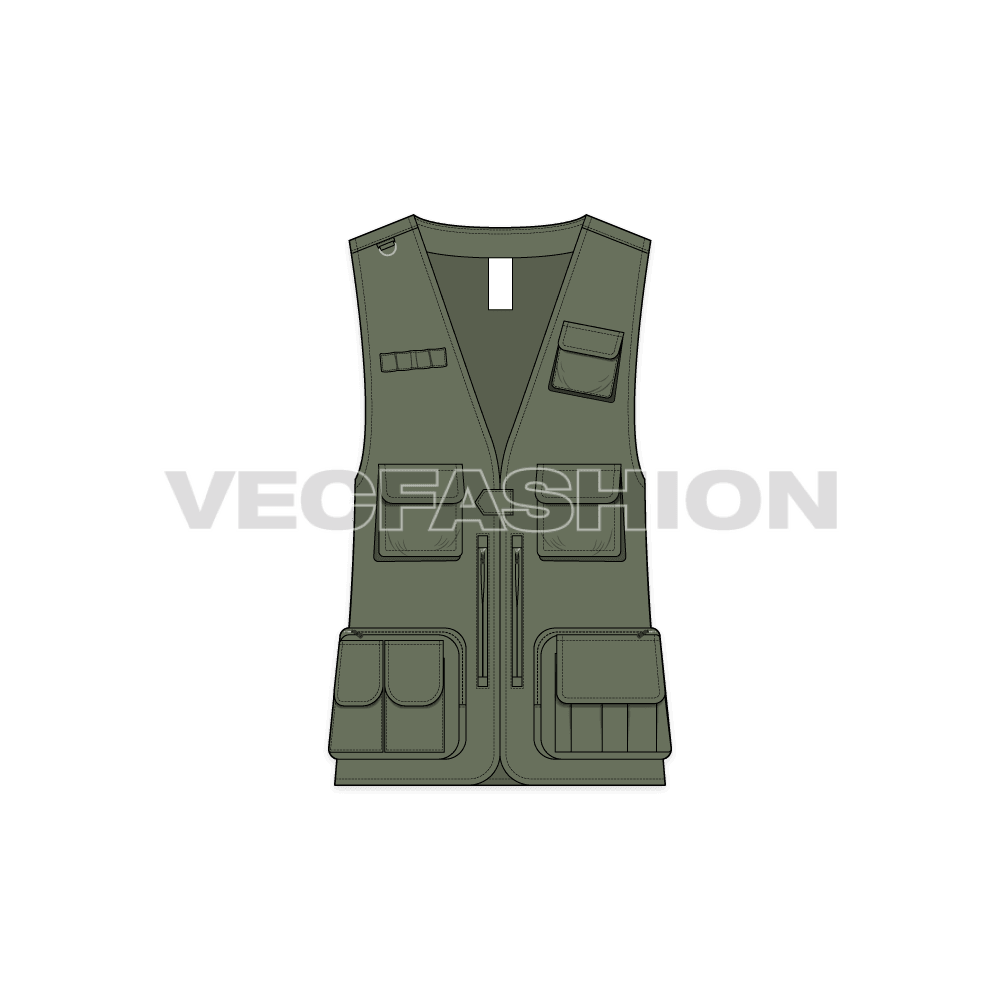 Mens military vest flat sketch, front view