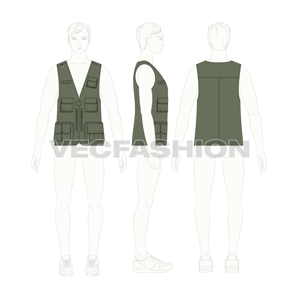 Mens military vest flat sketch, croqui sketch