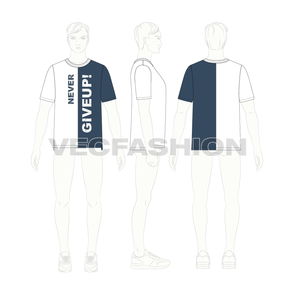 Mens motivational graphic tee flat sketch, croqui sketch