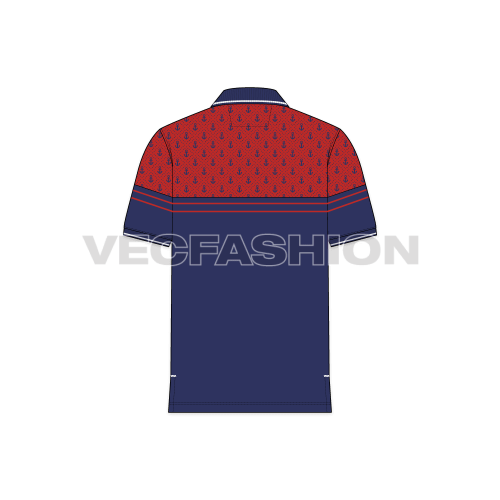Mens nautical polo shirt flat sketch, back view
