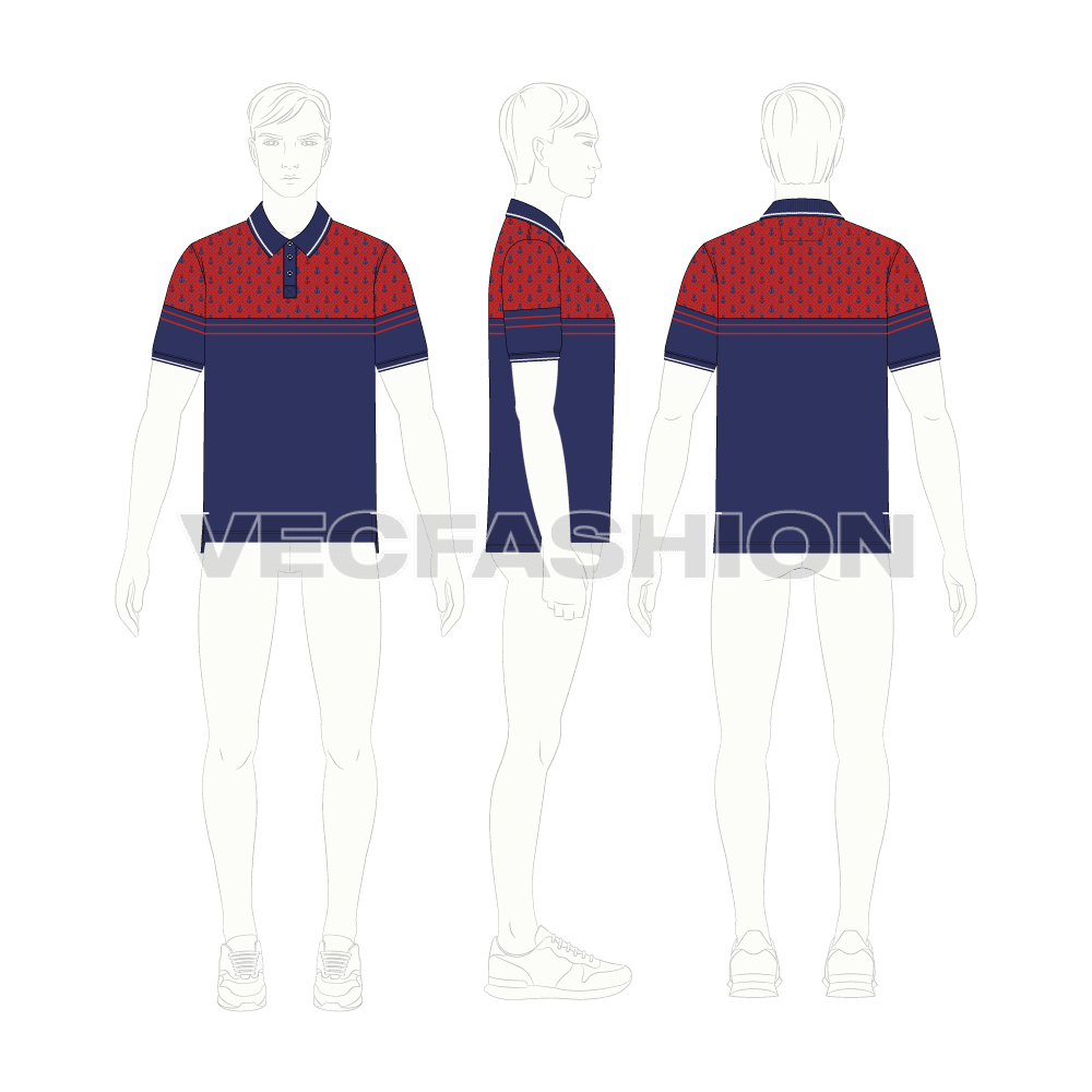 Mens nautical polo shirt flat sketch, croqui sketch