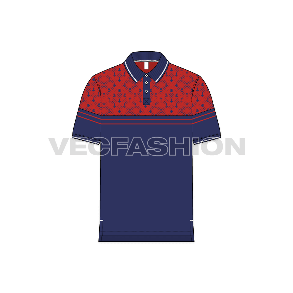 Mens nautical polo shirt flat sketch, front view